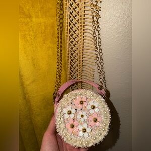 Floral Embellished Round Bag - Pink and White